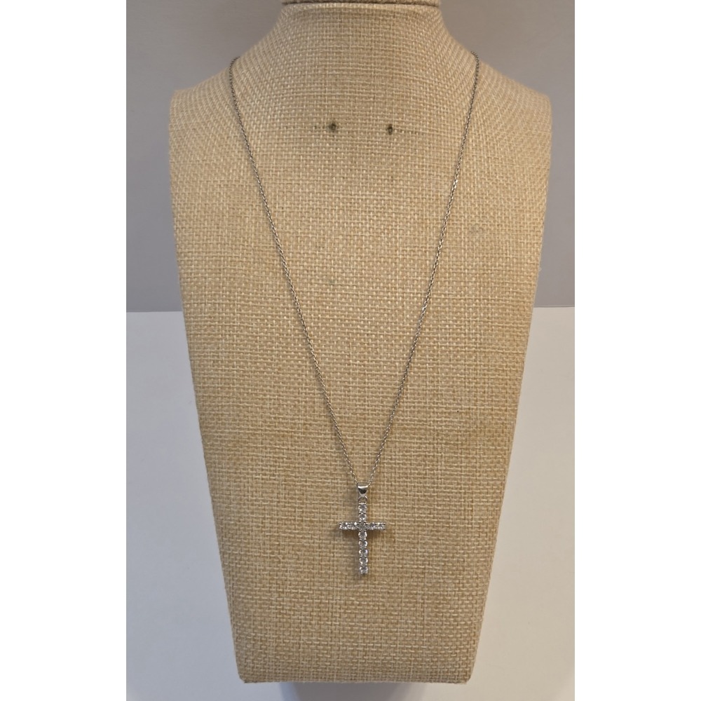 Vintage Italian Sterling Silver Pave Set Cross Pendant Necklace 18.25"